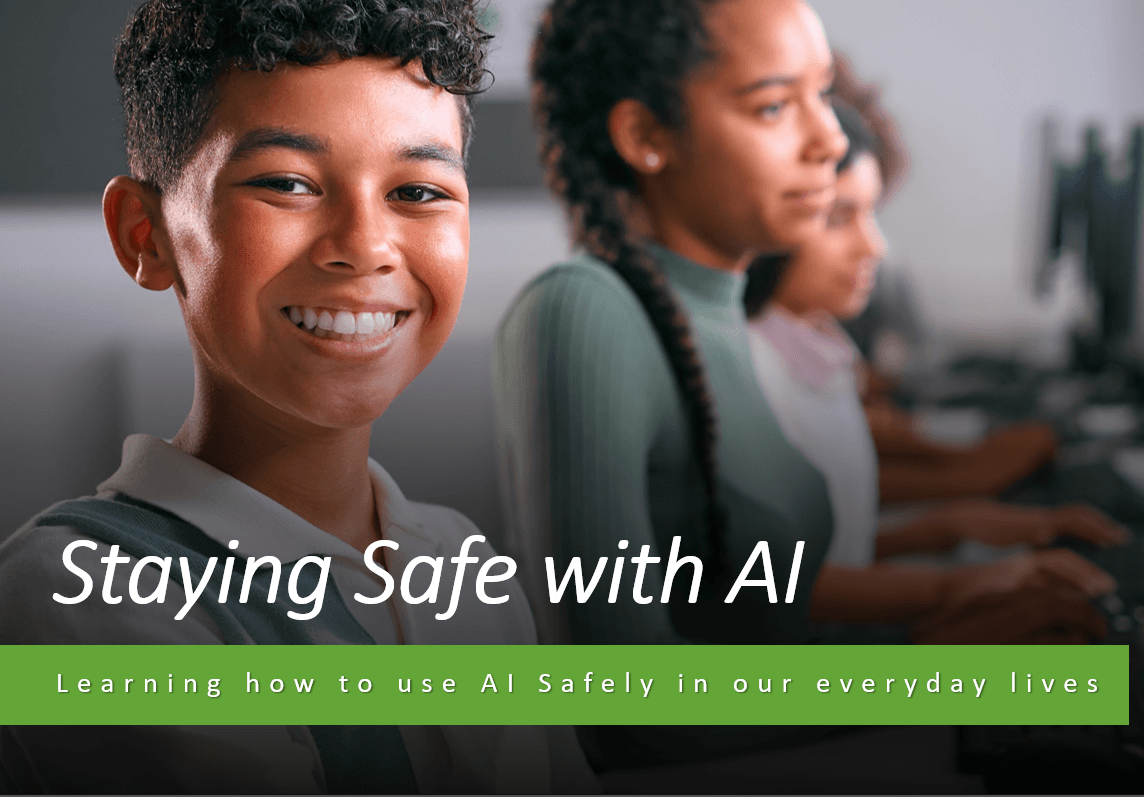 Students at a row of computers, one smiling at the camera, with the text "Staying Safe with AI."