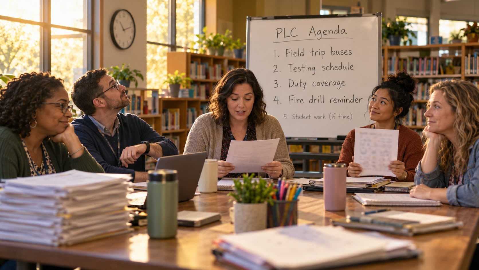 Five teachers sit around a library table stacked with papers while one reads a schedule aloud. A whiteboard agenda lists field trip buses, testing schedule, duty coverage, a fire drill reminder, and, squeezed in at the bottom, student work (if time).