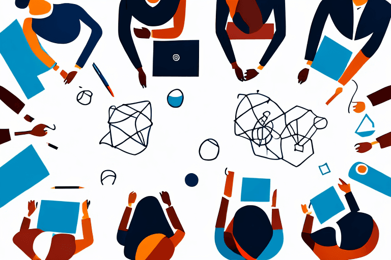 Illustration of educators seated around a table viewed from above, with notebooks, a laptop, and sketched diagrams.