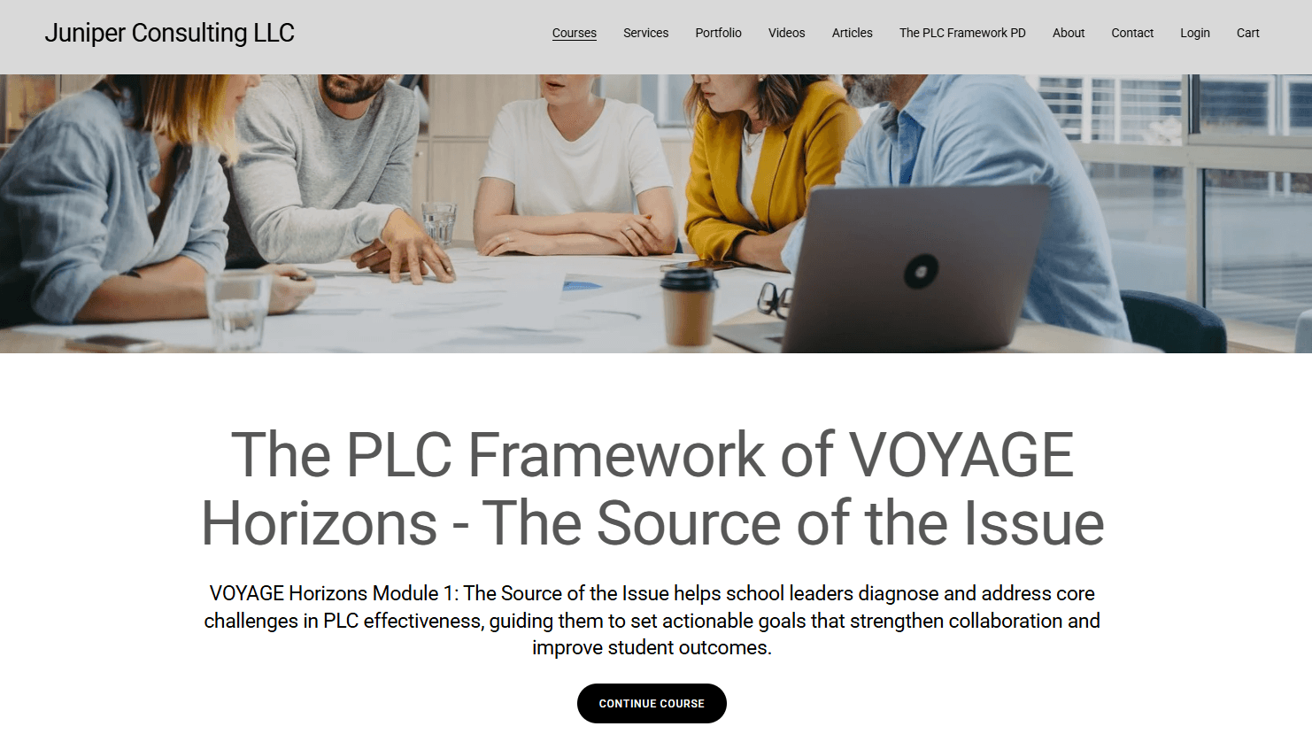 Course page reading "The PLC Framework of VOYAGE Horizons: The Source of the Issue" below a photo of adults at a table.