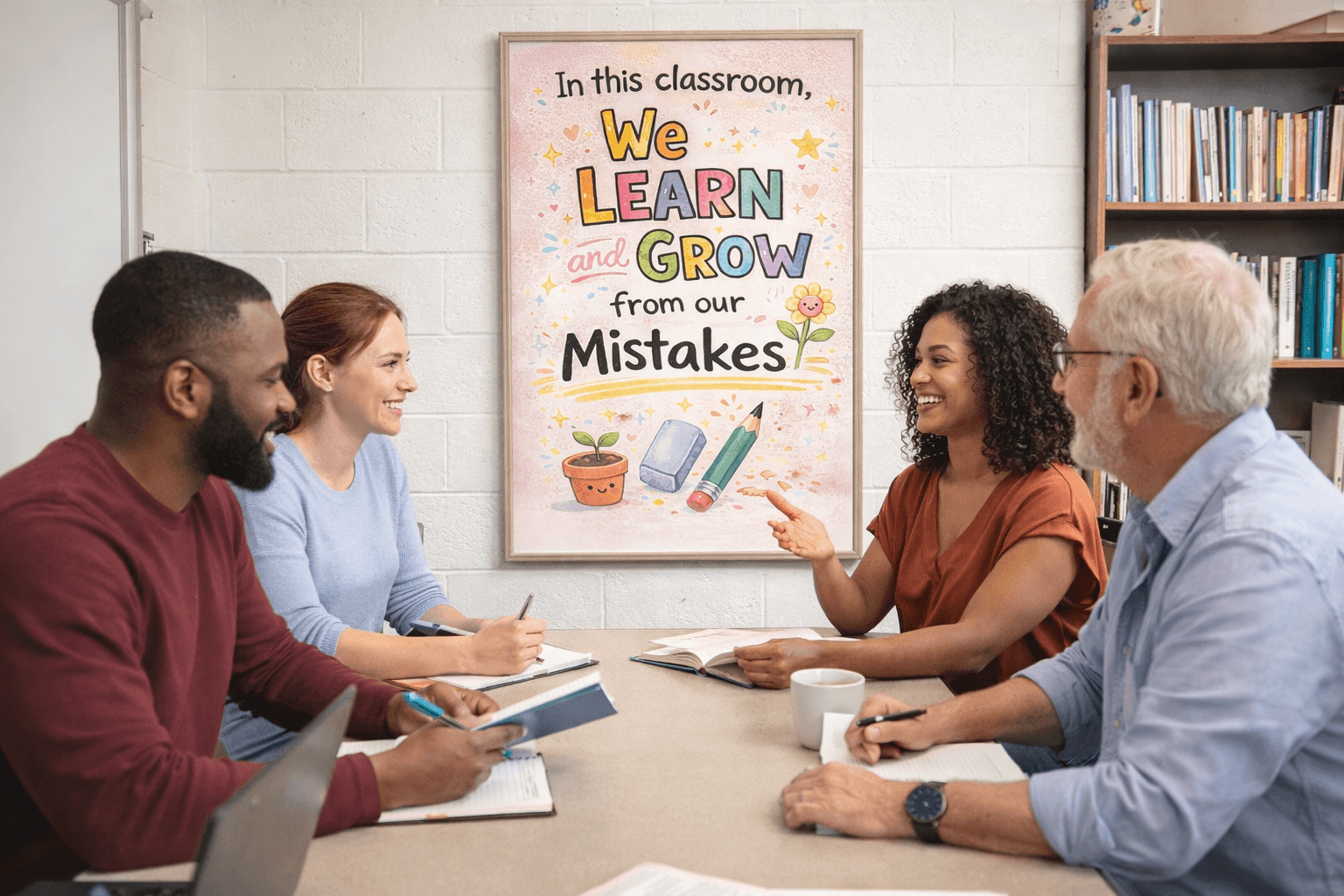 Four educators talk at a table with notebooks under a poster that reads "We learn and grow from our mistakes."