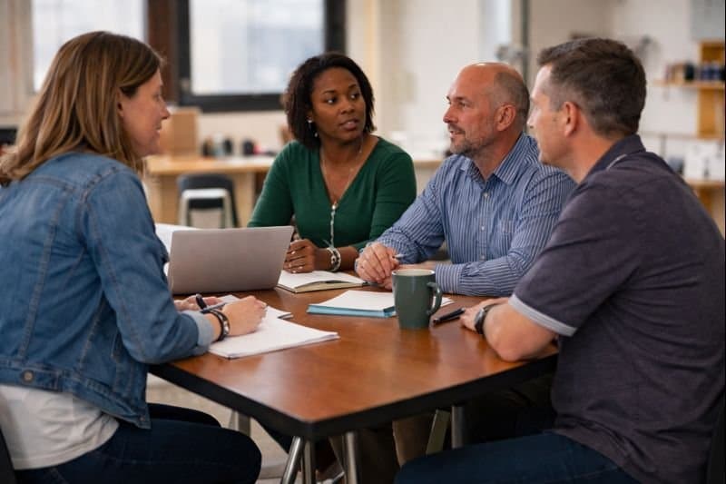 Four adults in conversation around a table with a laptop, notebooks, and a coffee mug.