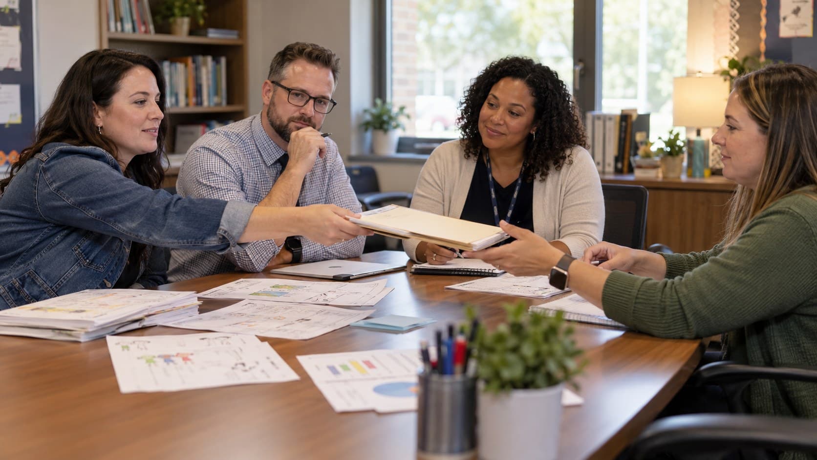 Four educators seated at a wooden conference table covered with printed student work and data charts, as one teacher hands a manila folder across the table to a colleague.