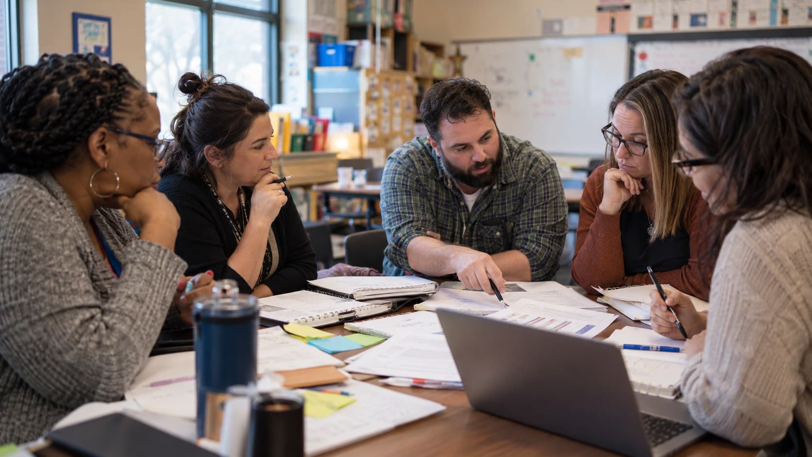 Five teachers seated around a classroom table covered with papers and sticky notes, listening as one teacher points to a printed chart of student data.
