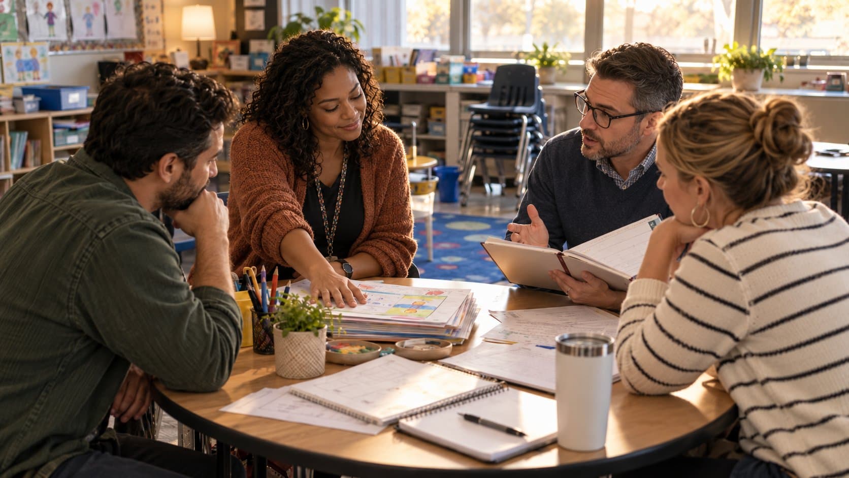 Four teachers meet around a table in an elementary classroom. One teacher rests her hand on a stack of student work in the center of the table while a colleague holds an open planner and talks.